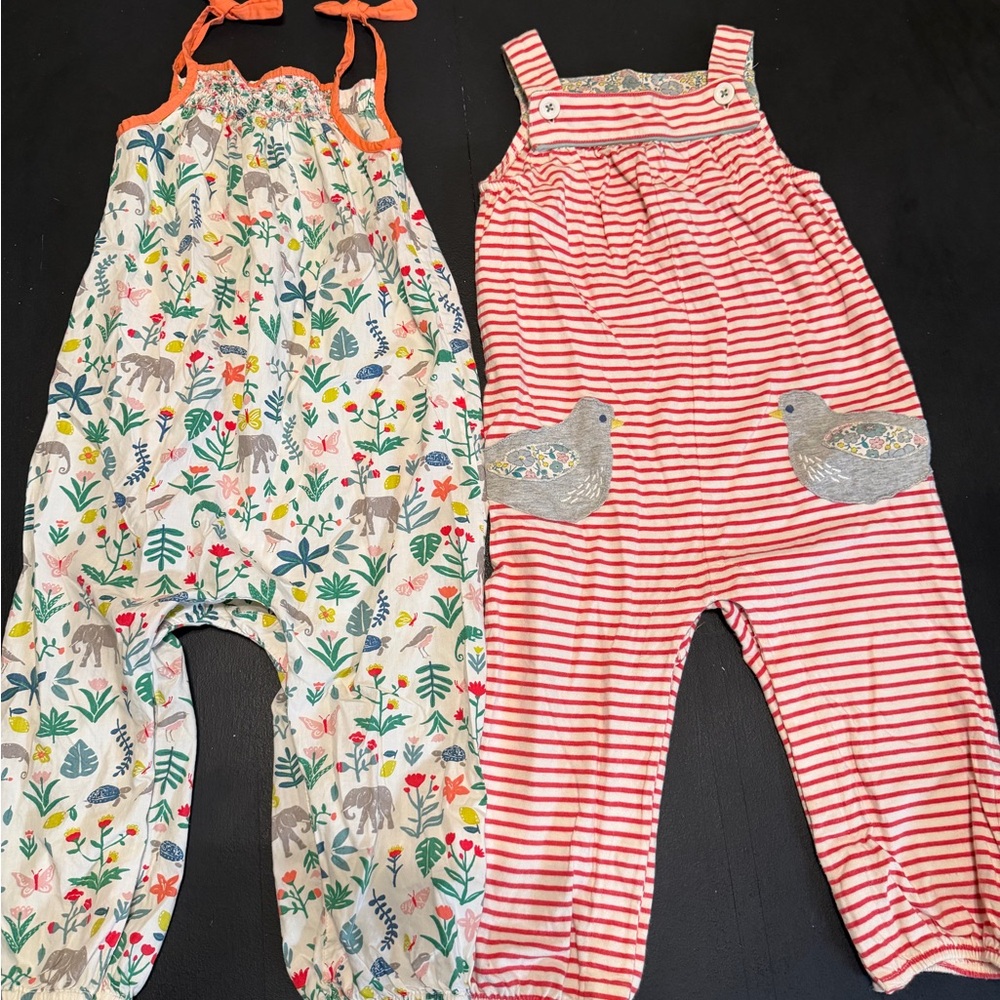 Baby Boden Striped Pink Romper & Cream Woodland Print Romper Set